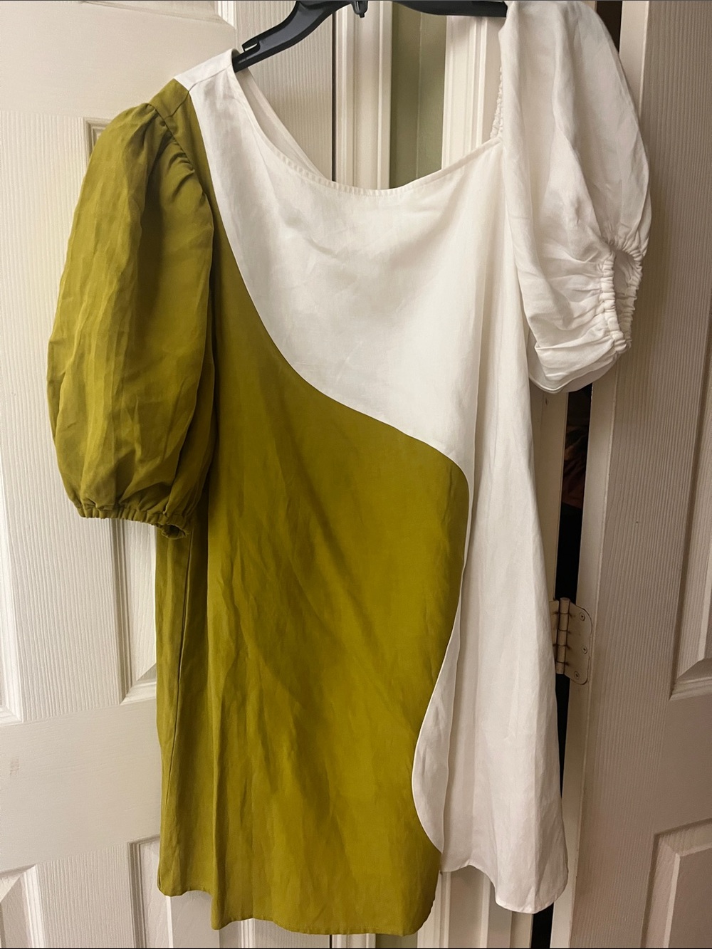 CROSBY by Mollie Burch White and Olive Green Puff-Sleeve Mini Dress